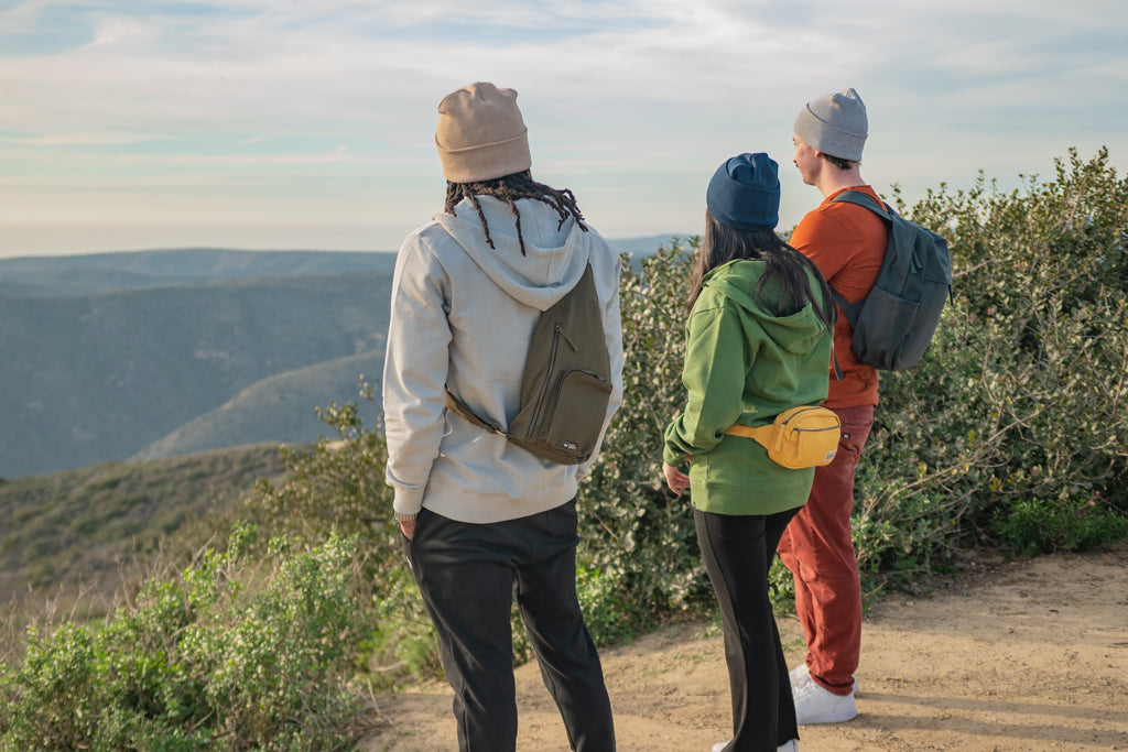Terra Thread Sling bag in Brown, Fanny Pack in Yellow and Backpack in Charcoal