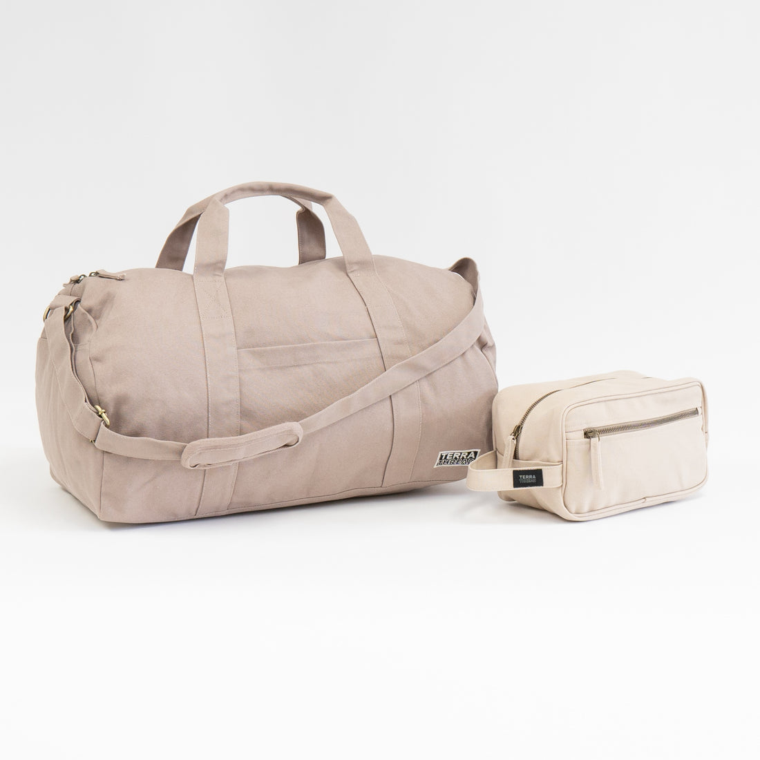 beige duffle and toiletry bag