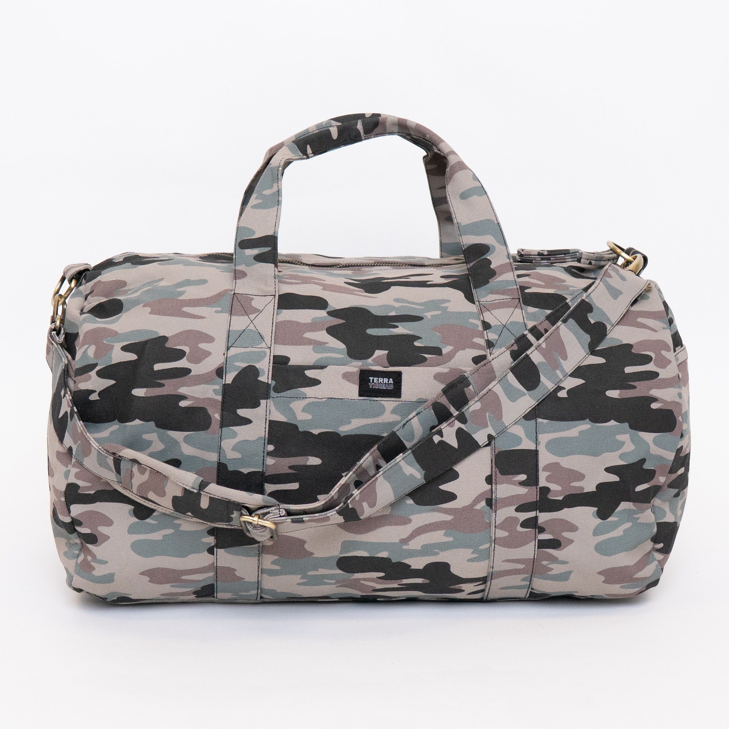 organic cotton canvas duffel bag for men in camo print
