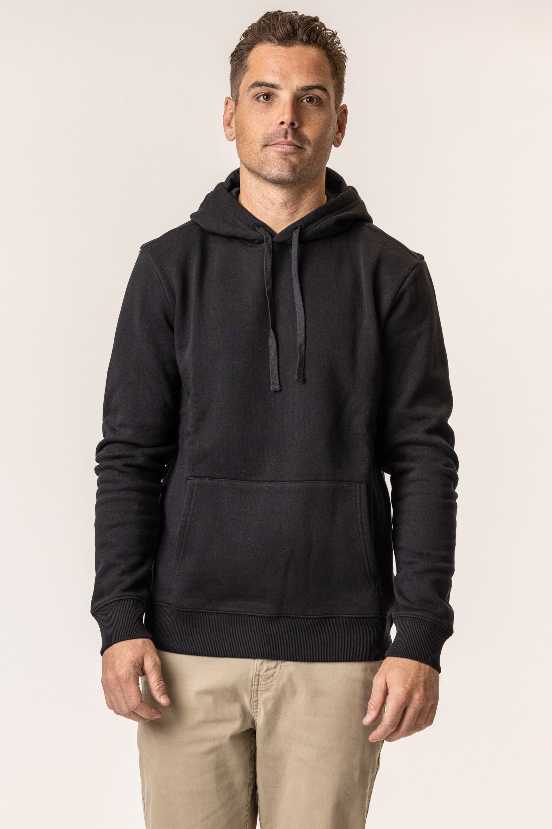 man wearing pullover hoodie in black