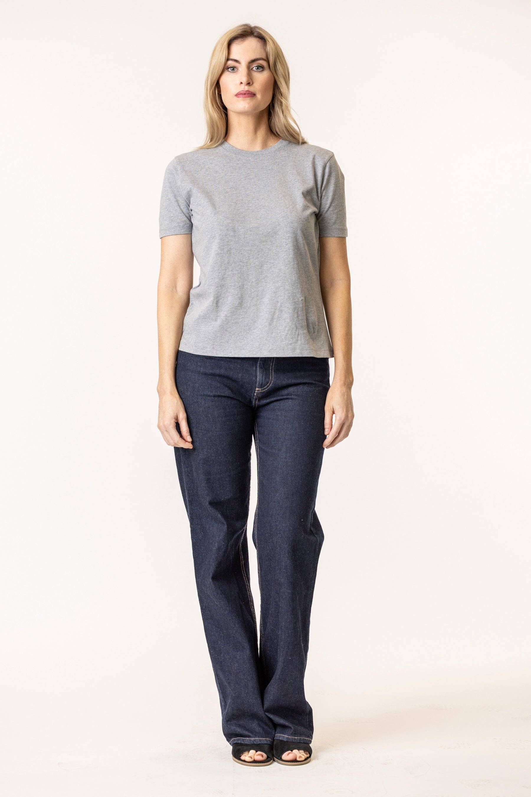 woman wearing organic cotton heather grey tshirt