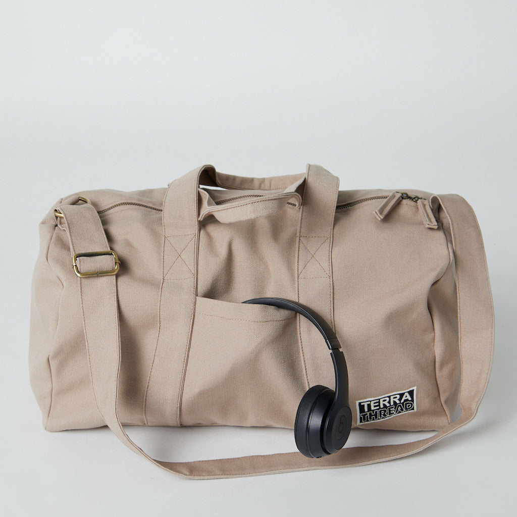 beige gym bag