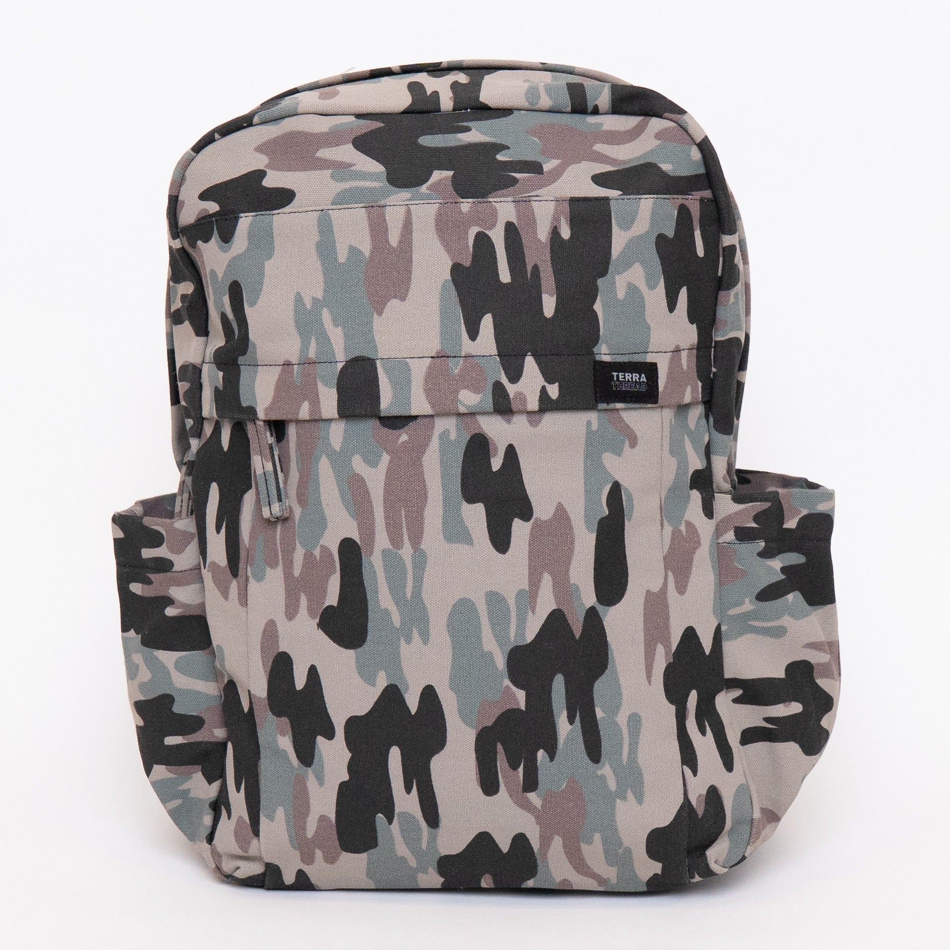 Front view of Terra Thread Earth Backpack in Camo print
