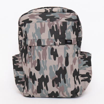 Front view of Terra Thread Earth Backpack in Camo print