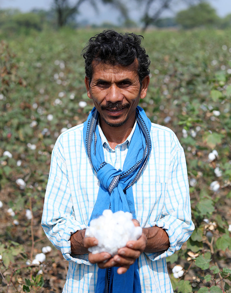 cotton farmer in India holding cotton he grew