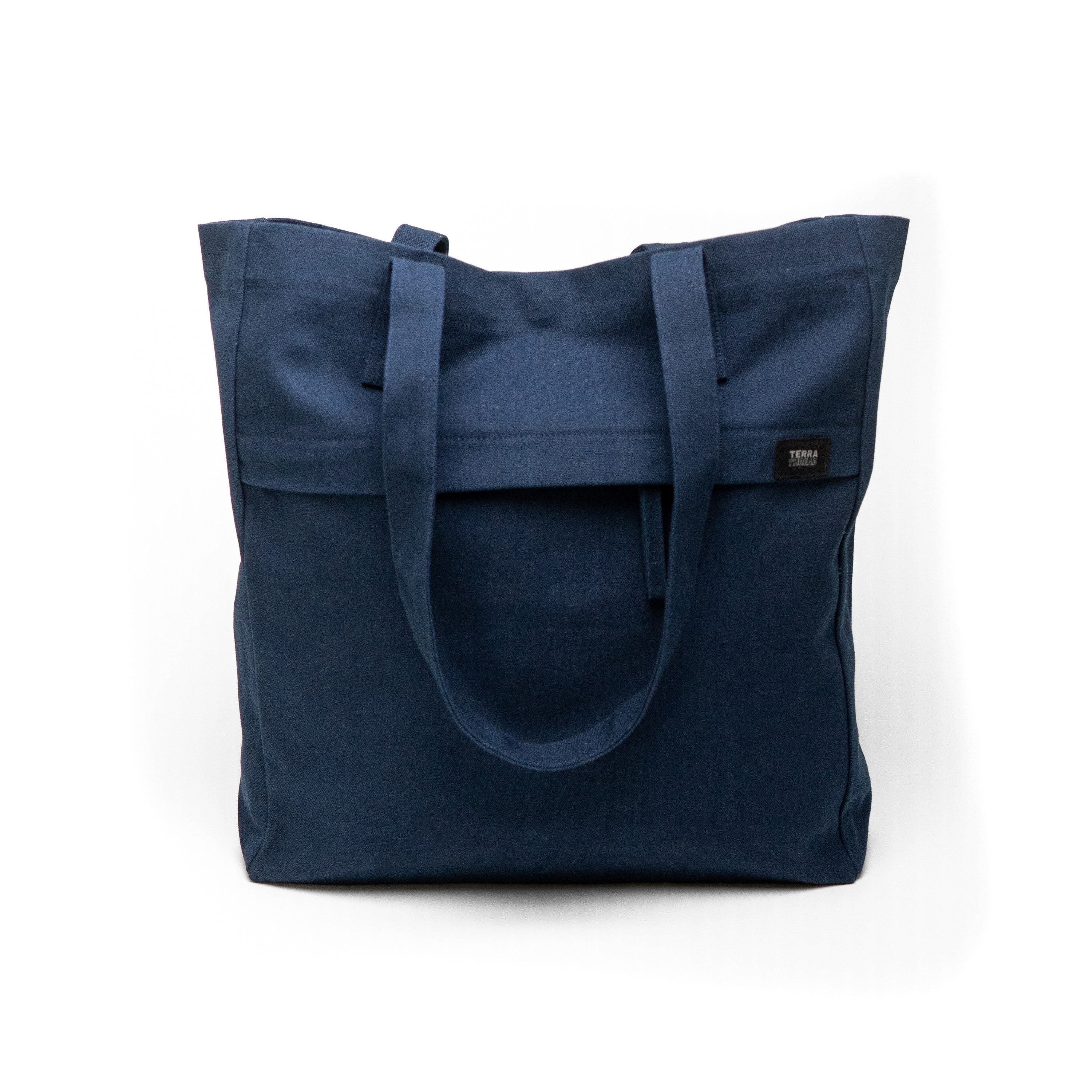 A dark navy blue canvas tote bag