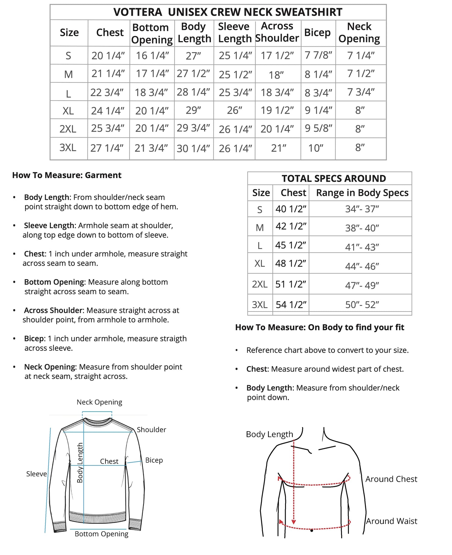 Measurement chart for Vottera Unisex Crew Neck Sweatshirt with size chart and measurement guide