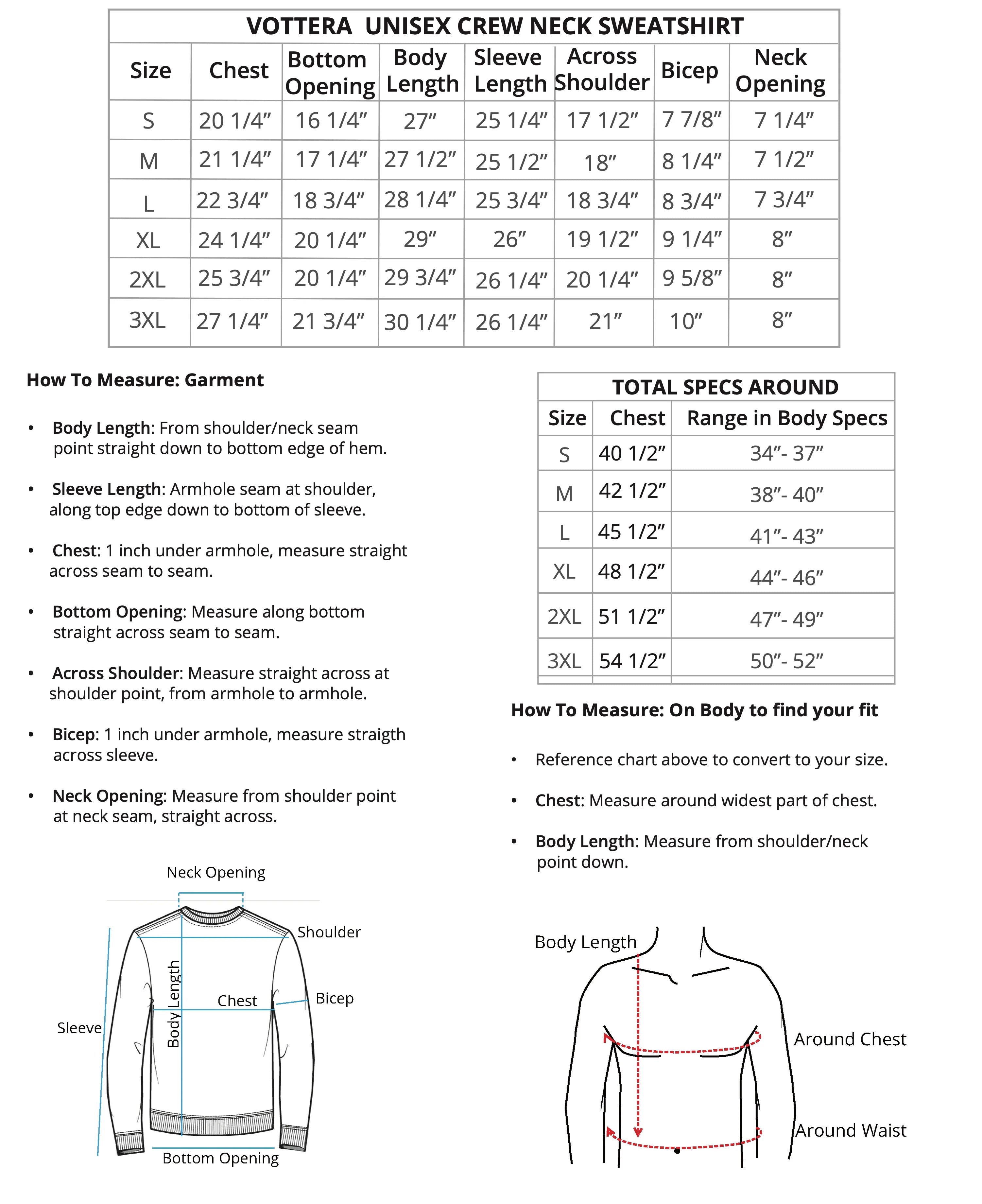 Measurement chart for Vottera Unisex Crew Neck Sweatshirt with size chart and measurement guide