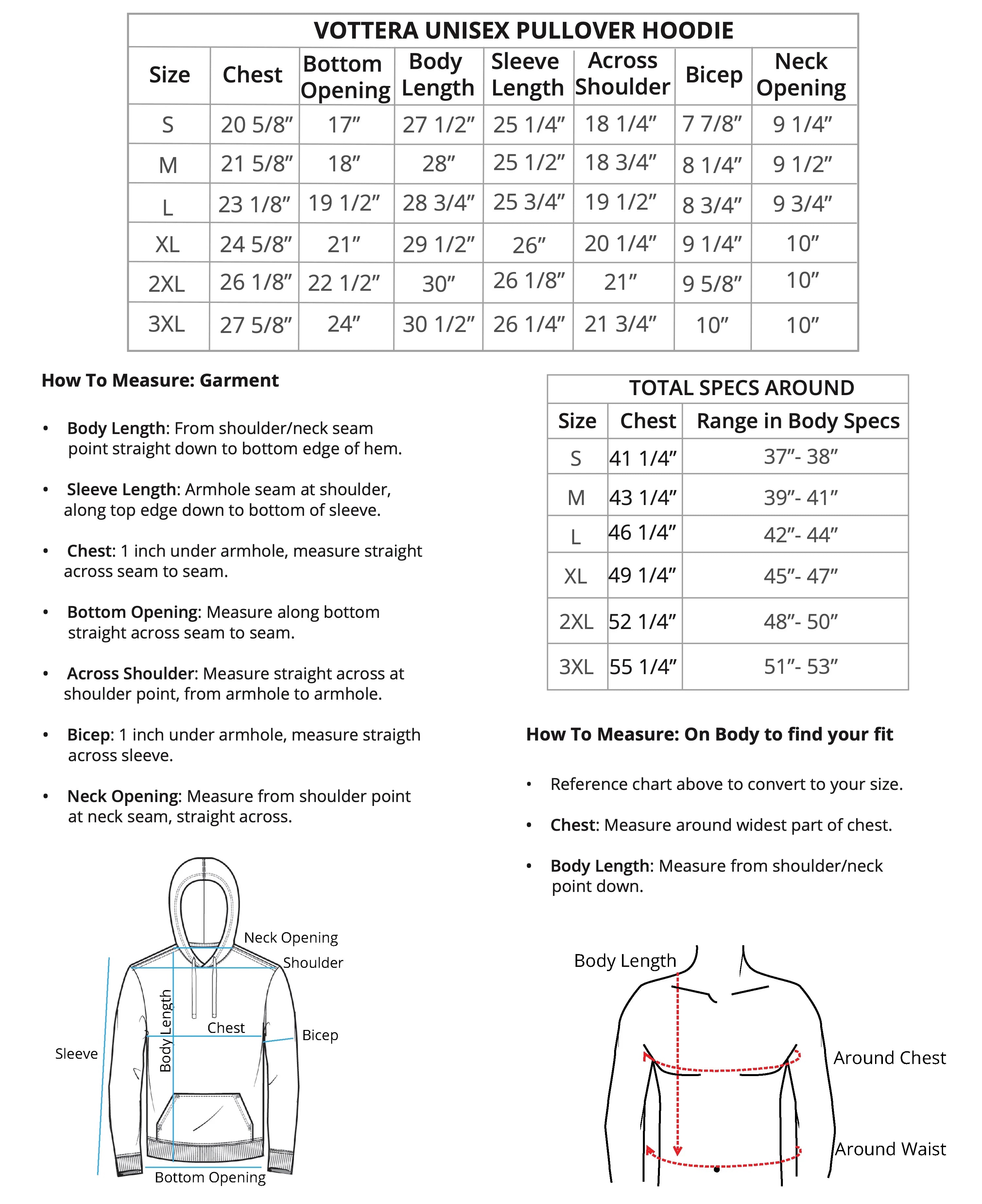 Size chart for Vottera Unisex Pullover Hoodie with measurements and fitting instructions