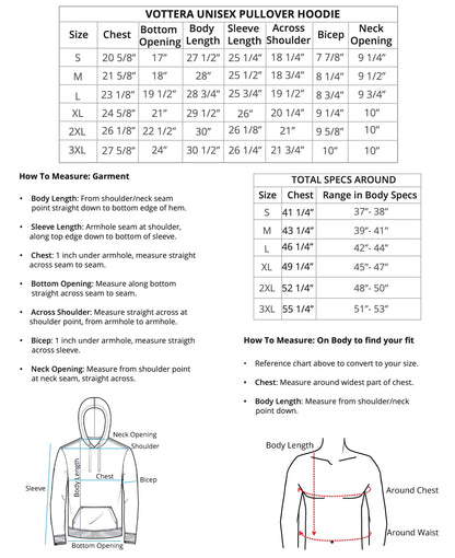 Size chart for Vottera Unisex Pullover Hoodie with measurements and fitting instructions
