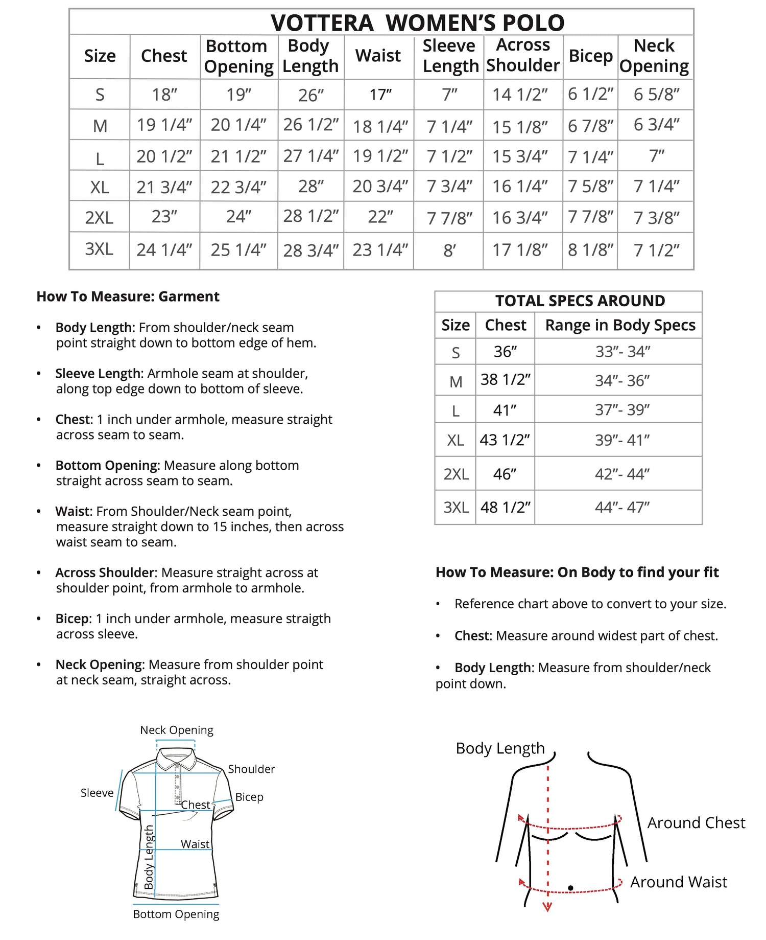 Measurement chart for Vottera Women&