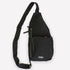 A black canvas sling bag with a wide adjustable shoulder strap and front pockets