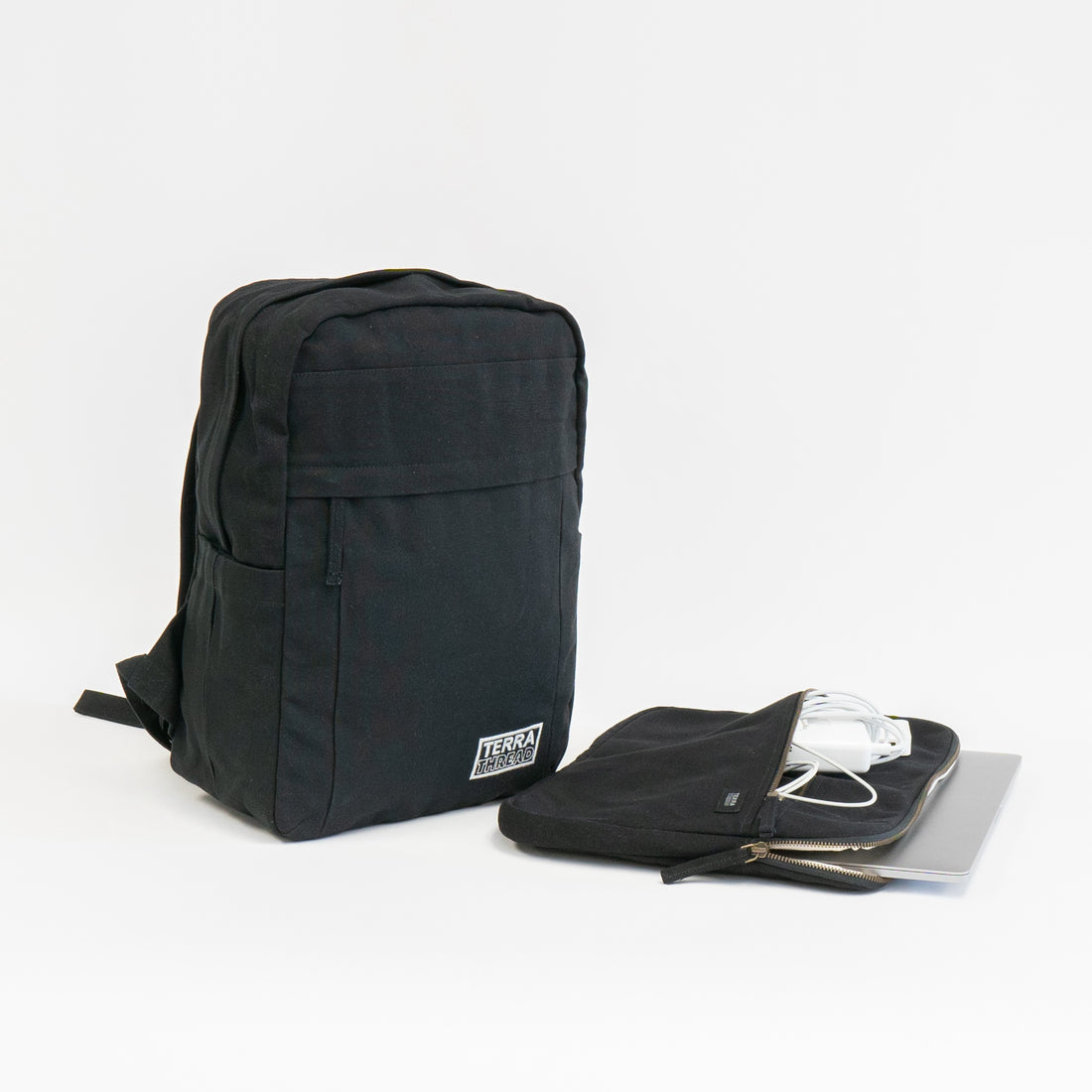 black terra thread backpack and laptop sleeve