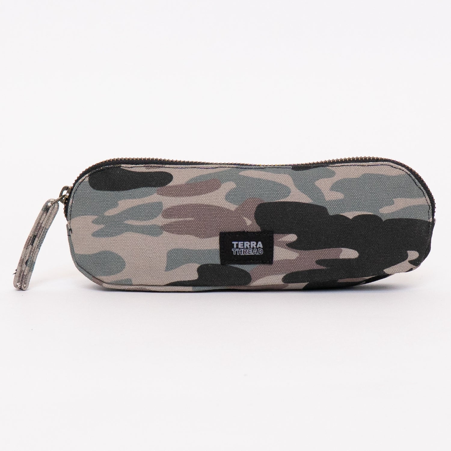 A camouflage pencil case with a black zipper