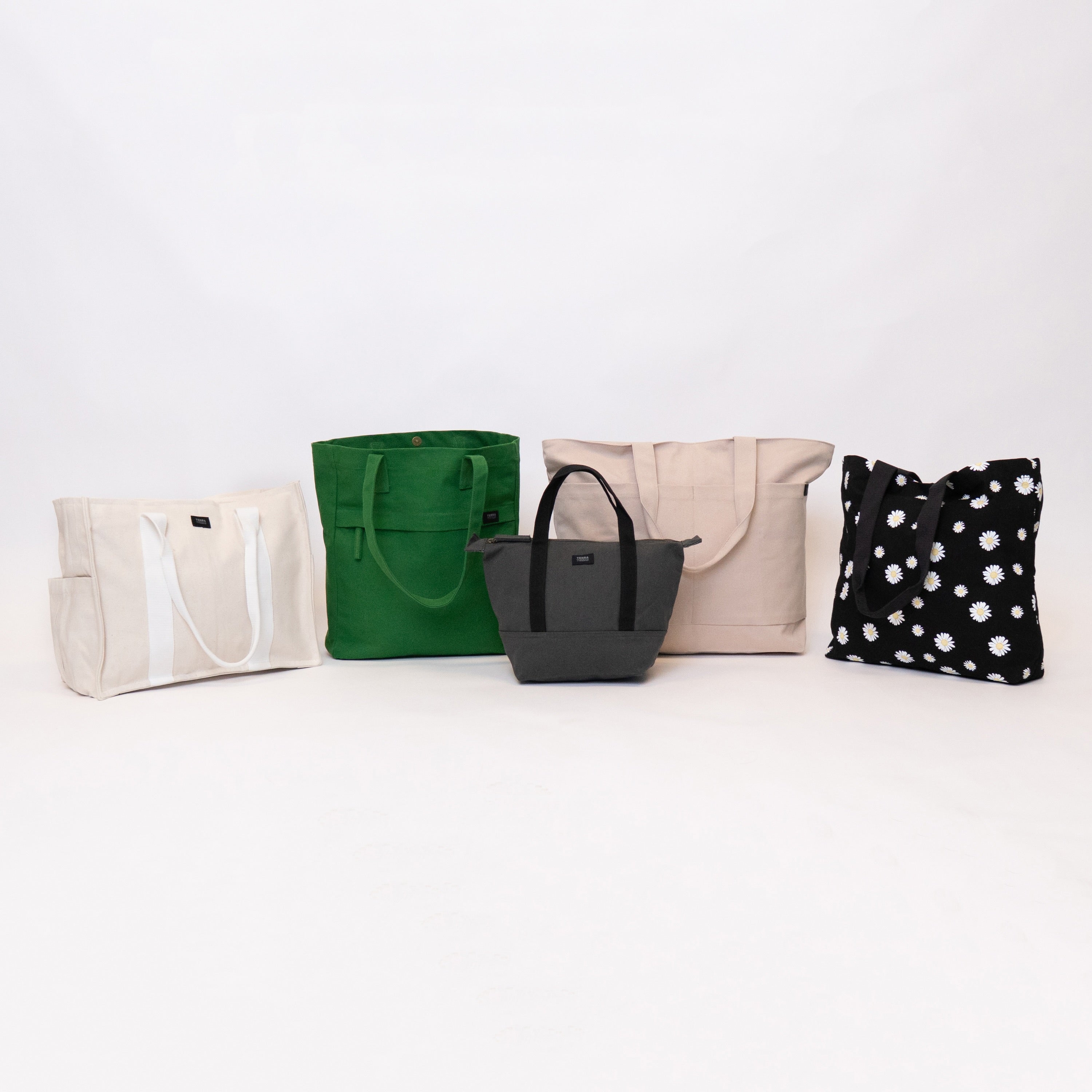 different styles of canvas tote bags made from organic cotton