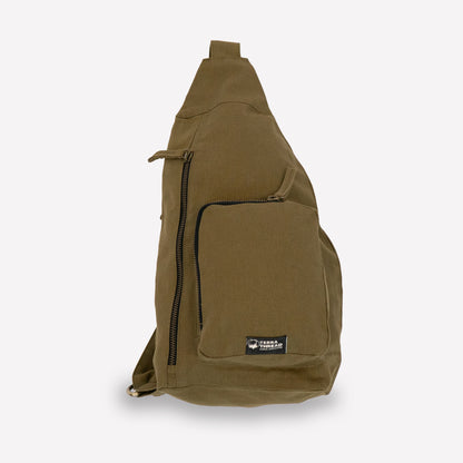 a fabric sling bag in warm olive color with pockets