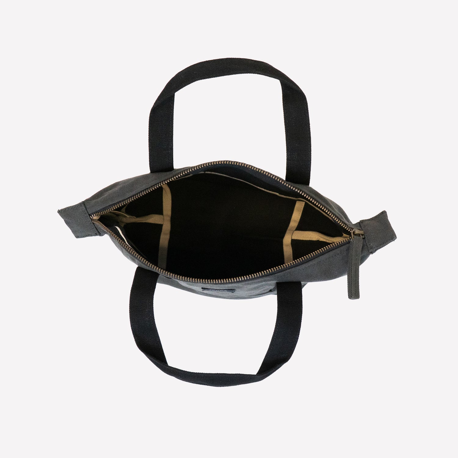 An overhead view of a dark gray mini tote bag with black handles
