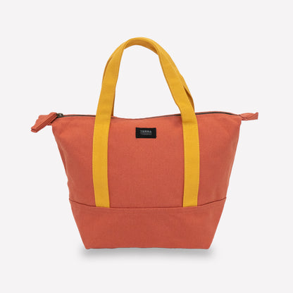An orange color mini canvas tote bag with zipper and mustard yellow handles, and a small black brand label reading TERRA Thread