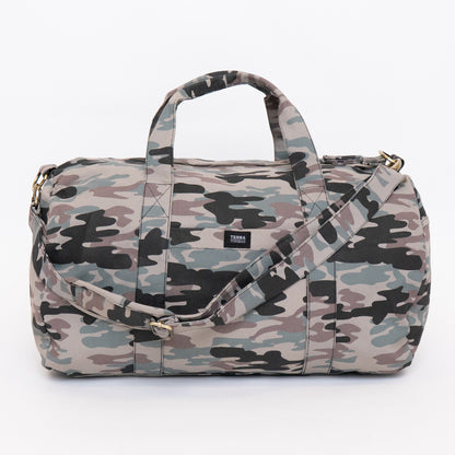 organic cotton canvas duffel bag for men in camo print