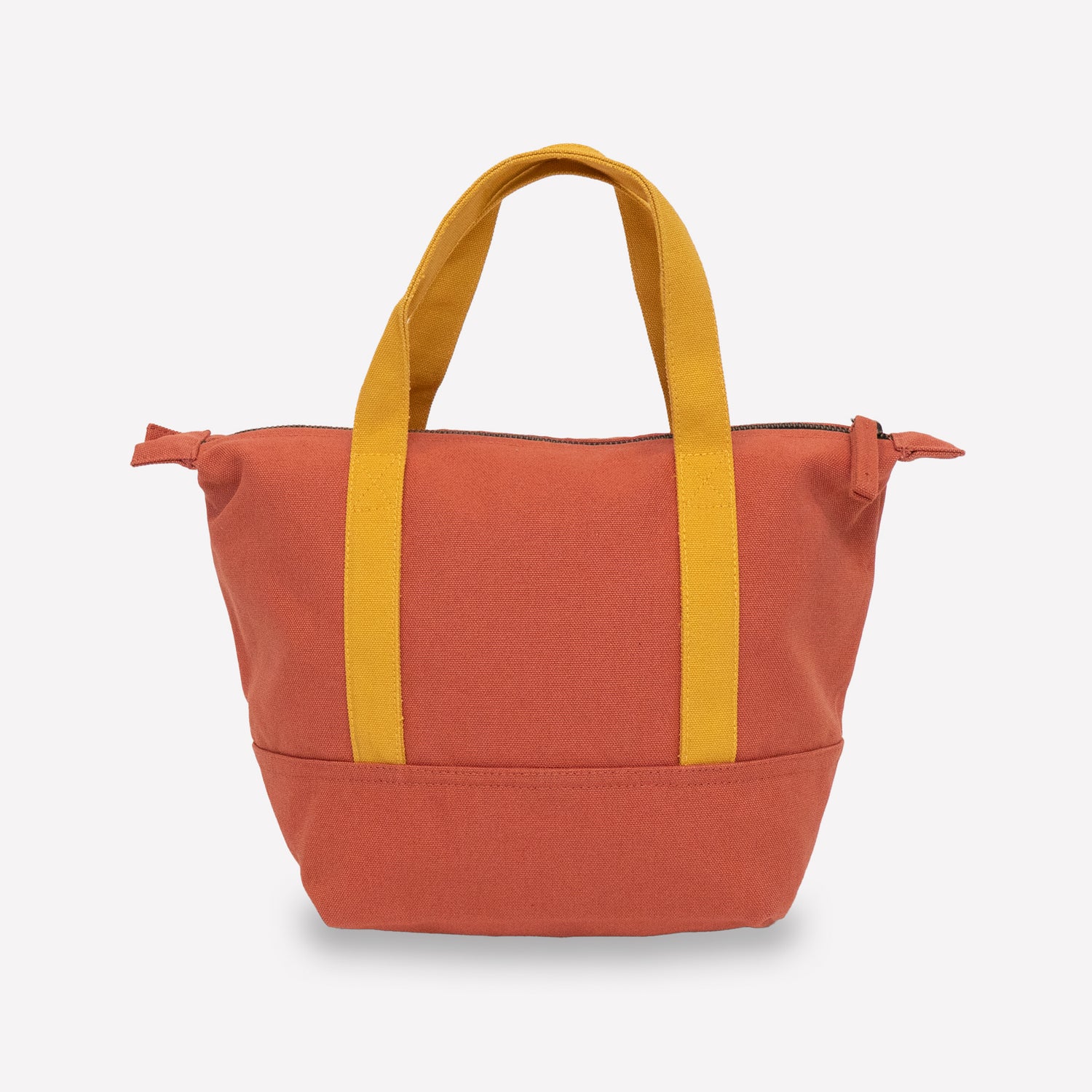 two tone canvas mini tote bag with orange color body and yellow handle