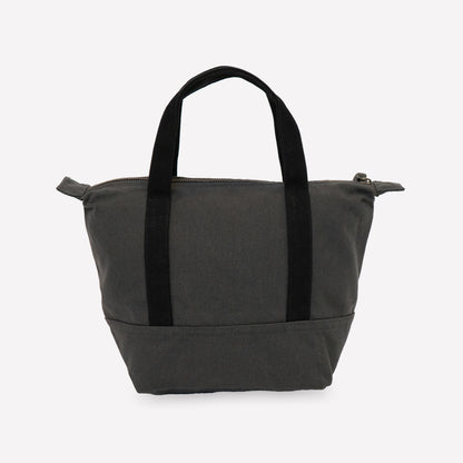 A charcoal grey unisex canvas tote bag with black fabric handles made of 100% organic cotton
