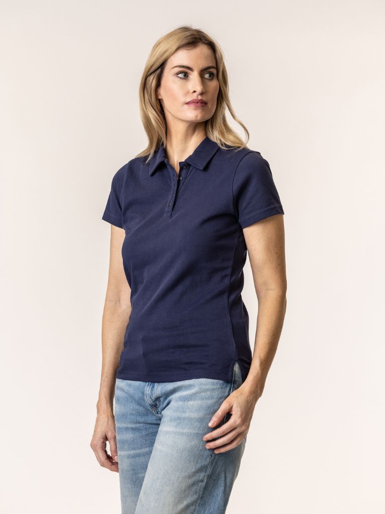 Woman wearing an organic cotton navy blue polo shirt 