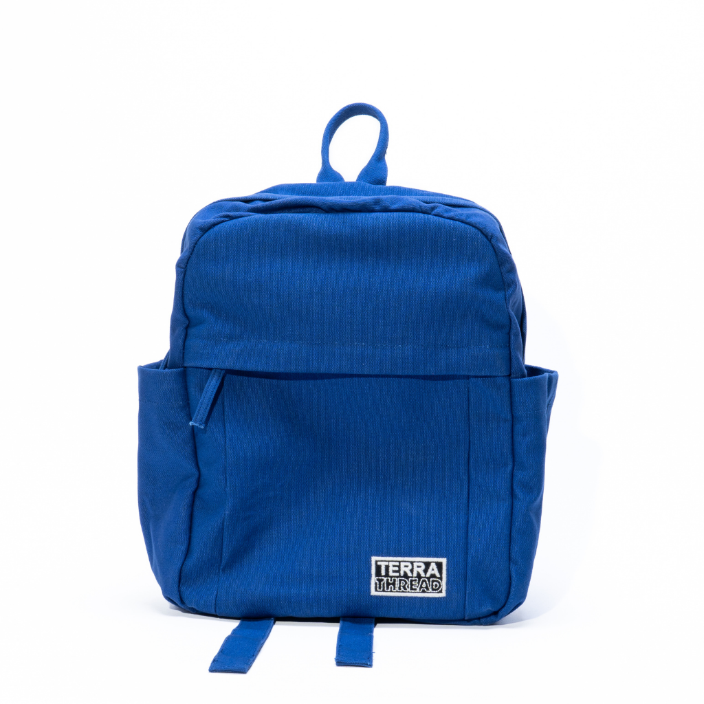 small blue backpack with pockets
