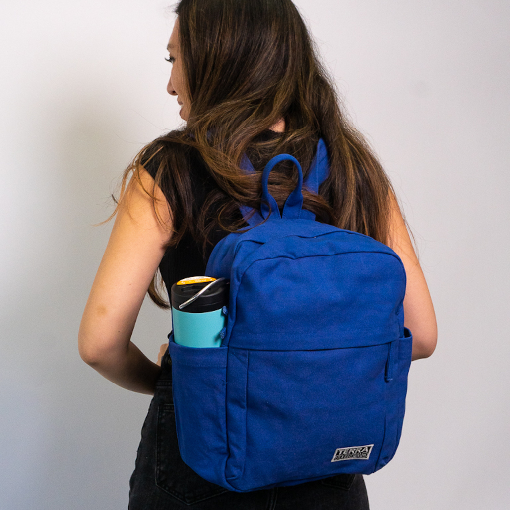 small blue backpacks with water bottle holder