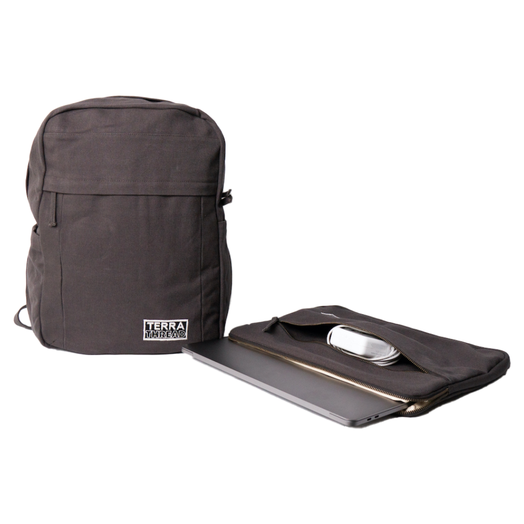 charcoal grey backpack and laptop sleeve made with organic cotton
