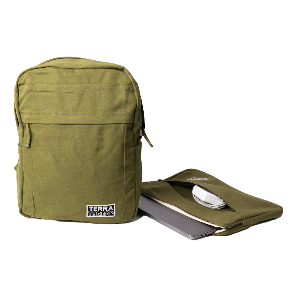 GOTS Certified Olive Green Backpack and laptop sleeve