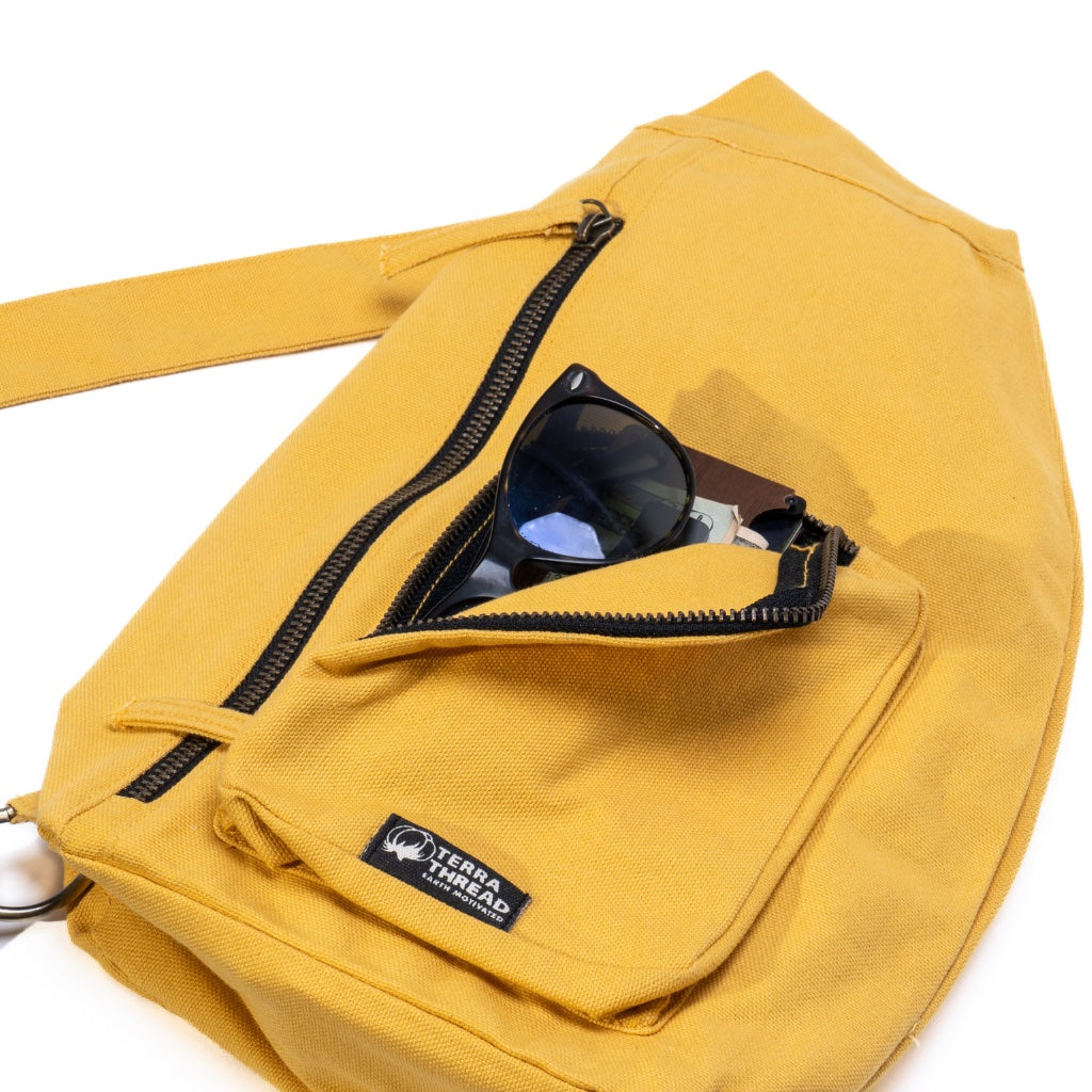 Leather-Accented Yellow Cotton Sling Bag - Fabled Land in Yellow
